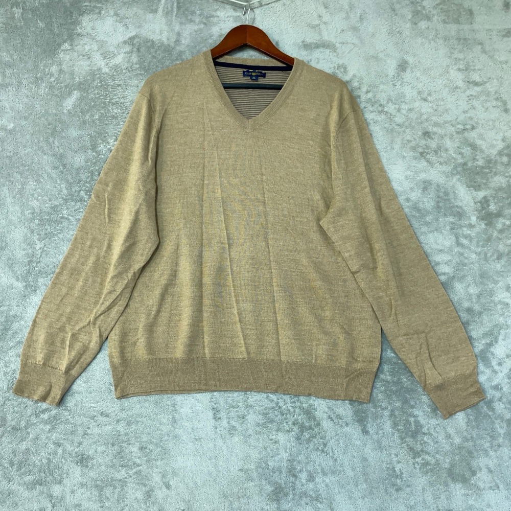 Club Room Men's XL Tan V-Neck Sweater Merino Wool Blend Pullover